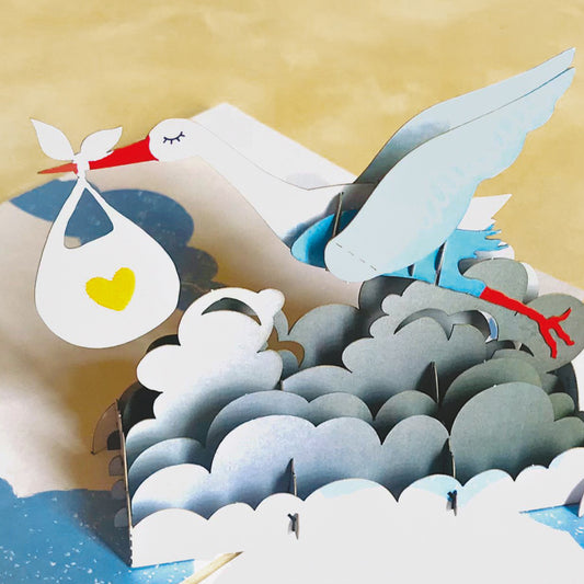 Ευχετήρια κάρτα origami για νεογέννητο με πελαργό