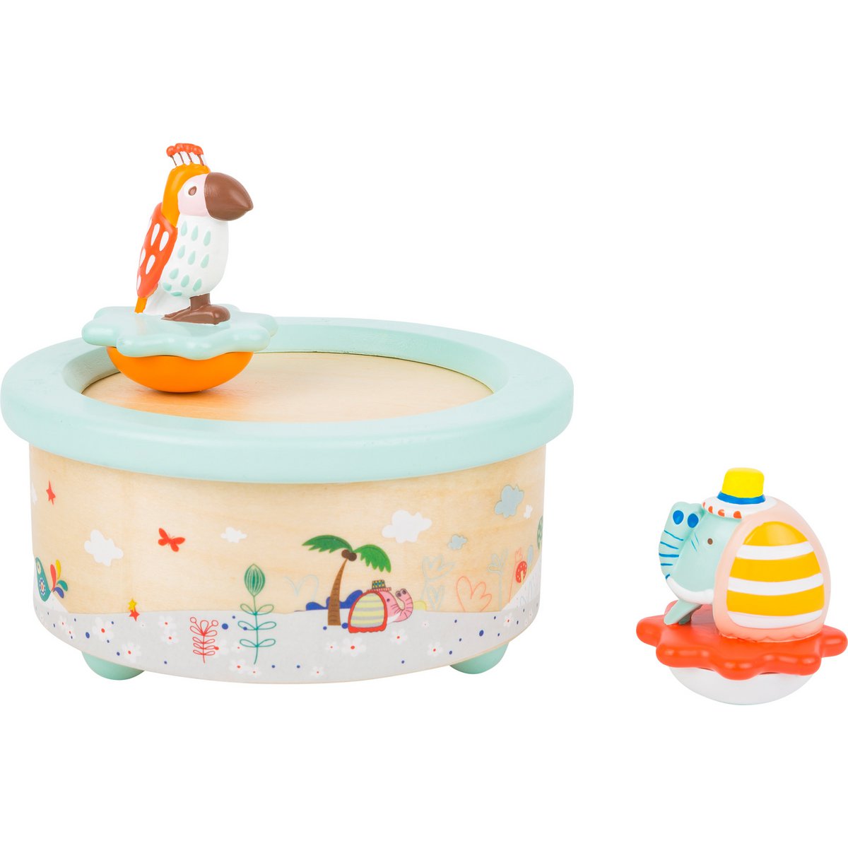 Ξύλινο μουσικό κουτί με παπαγάλο και ελέφαντα