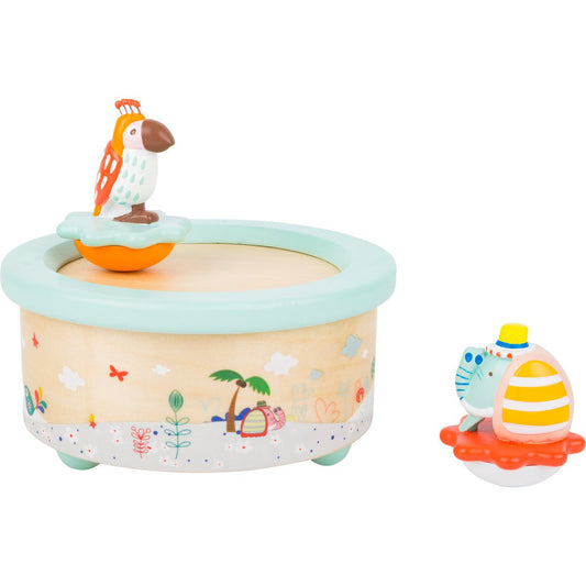 Ξύλινο μουσικό κουτί με παπαγάλο και ελέφαντα