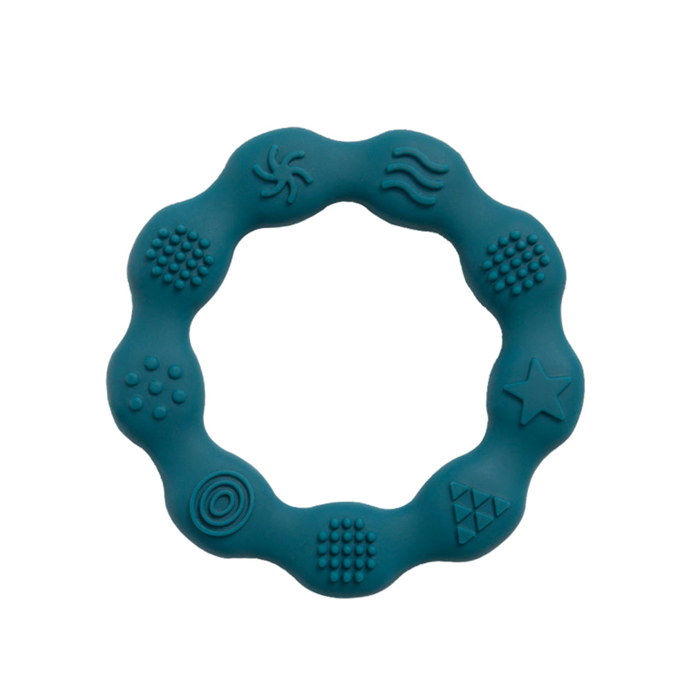 Teething ring with embossed design, petrol