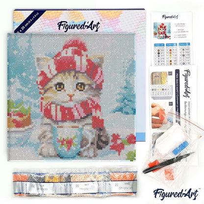 Kitten with a red scarf-Diamond painting 25x25 cm