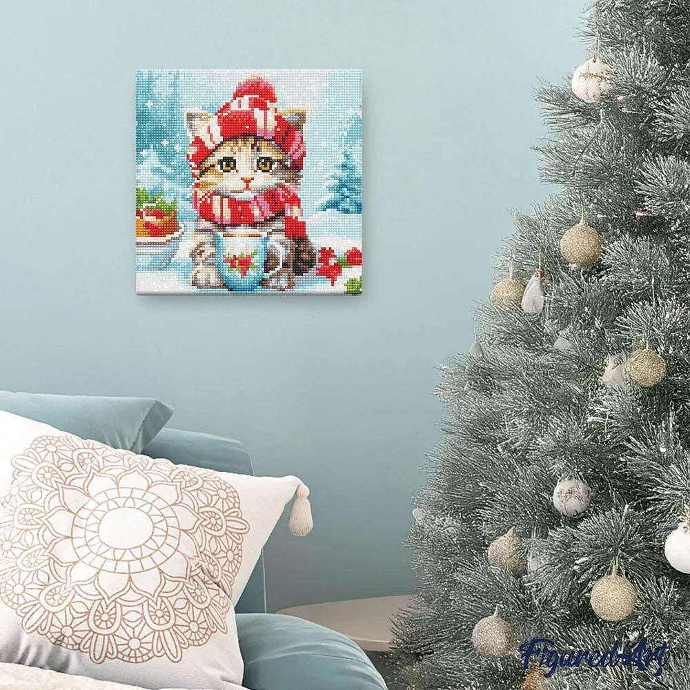 Kitten with a red scarf-Diamond painting 25x25 cm